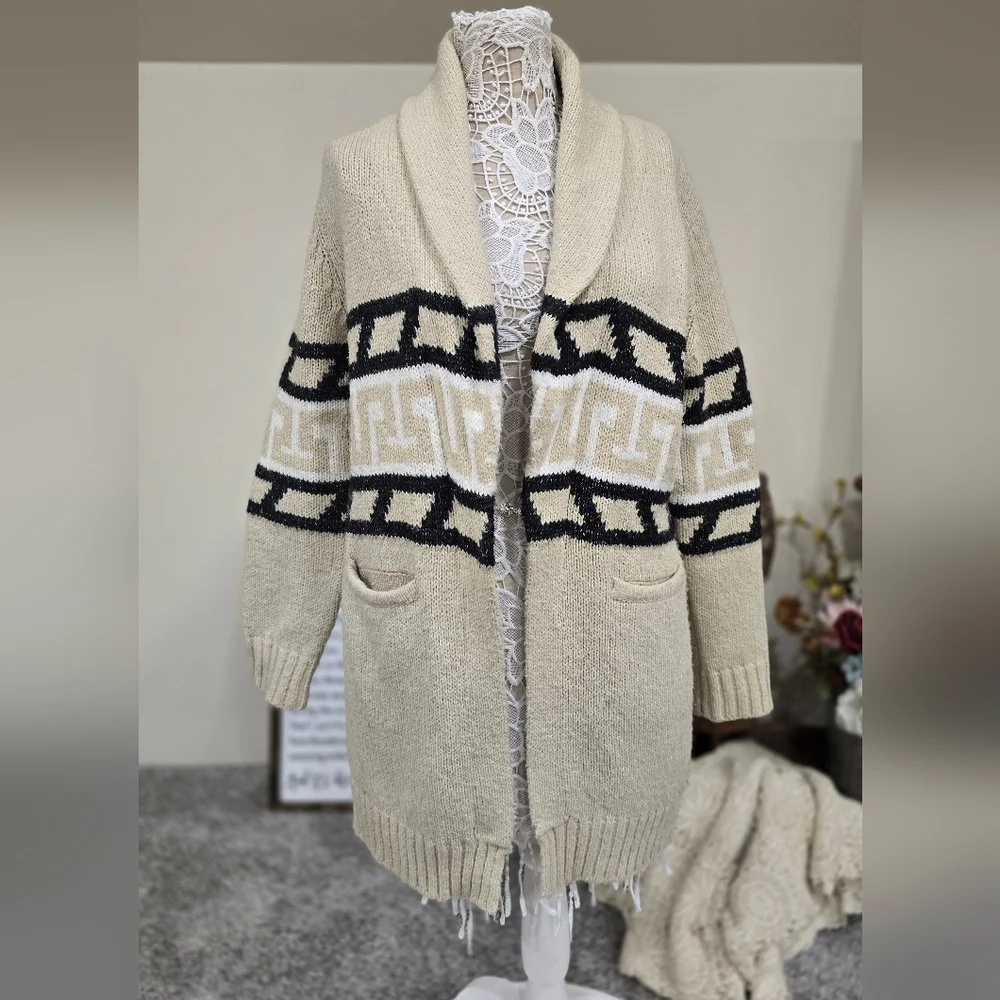 Vtg. Aztec Geo Design Knit Cardigan Sweater By Press Sz M